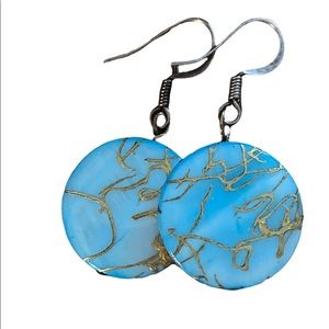 Light Blue Shell Earrings with Gold Drizzle Design